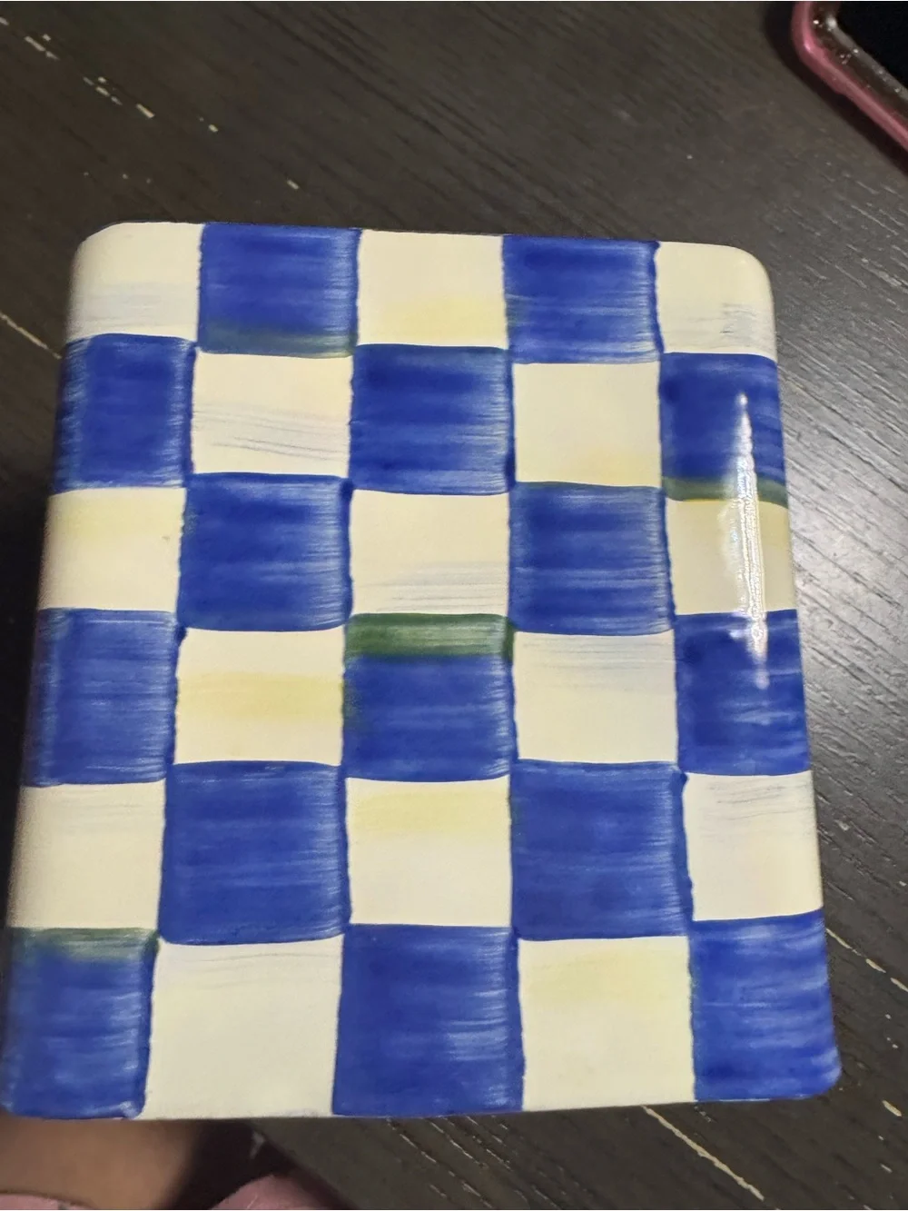 McKenzie Childs -Painted Blue and White Check Tissue Box Cover